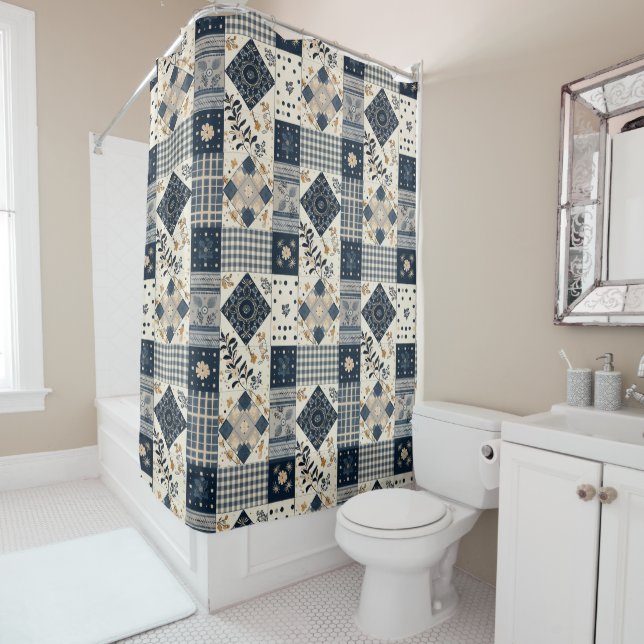 Rideaux De Douche Courtepoint Patchwork Bleu de Nuit Fleurs Rurales  (En situation)