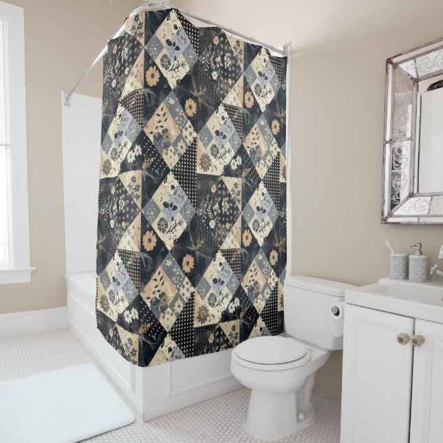 Rideaux De Douche Courtepoint Patchwork Bleu de Nuit Floral Rétro Ru (En situation)