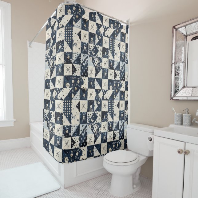 Rideaux De Douche Courtepoint Patchwork Bleu de Nuit Floral Rétro Ru (En situation)