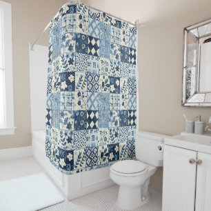 Rideaux De Douche Courtepoint Patchwork Bleu Floral Rétro Rustique