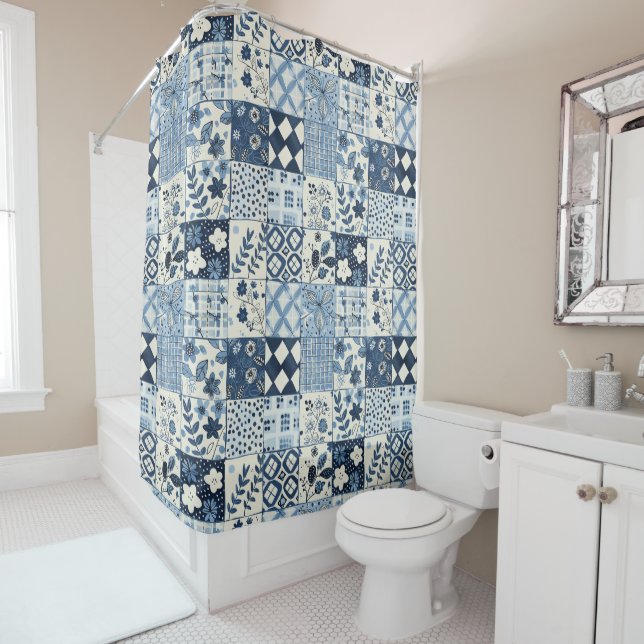 Rideaux De Douche Courtepoint Patchwork Bleu Floral Rétro Rustique (En situation)