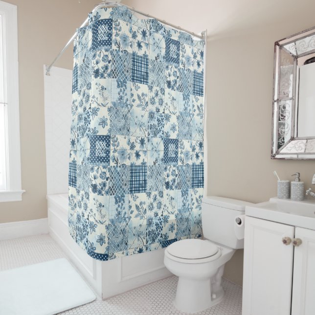 Rideaux De Douche Courtepoint Patchwork Bleu Floral Rustique Rétro (En situation)