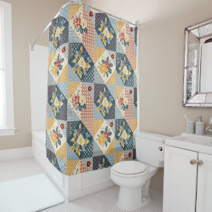 Rideaux De Douche Courtepoint Patchwork Bleu Jaune Rouge Floral Rétr