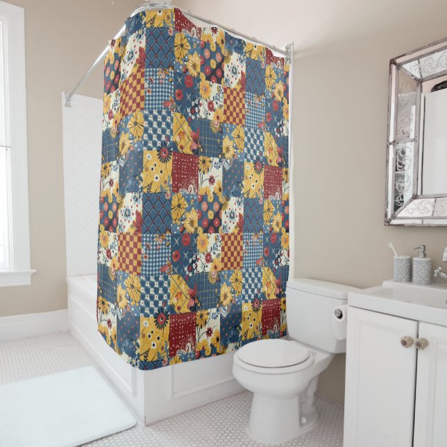 Rideaux De Douche Courtepoint Patchwork Bleu Jaune Rouge Floral Rétr (En situation)