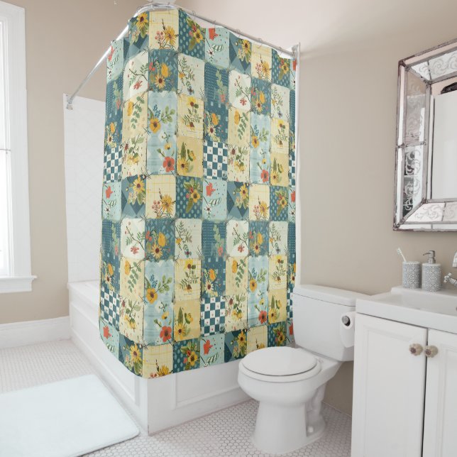 Rideaux De Douche Courtepoint Patchwork Bleu Jaune Vert Floral Rétro (En situation)