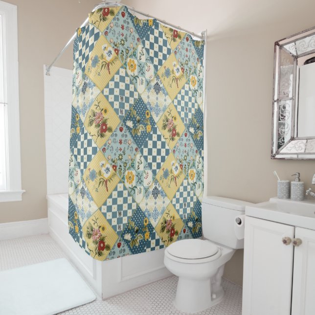 Rideaux De Douche Courtepoint Patchwork Bleu Jaune Vert Floral Rétro (En situation)