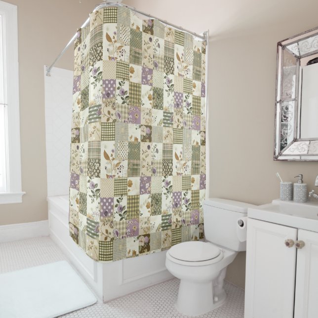 Rideaux De Douche Courtepoint Patchwork Lilac Vert Floral Rétro Rust (En situation)