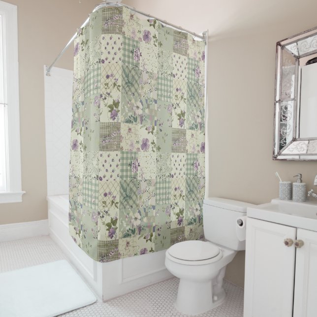 Rideaux De Douche Courtepoint Patchwork Lilac Vert Floral Rétro Rust (En situation)
