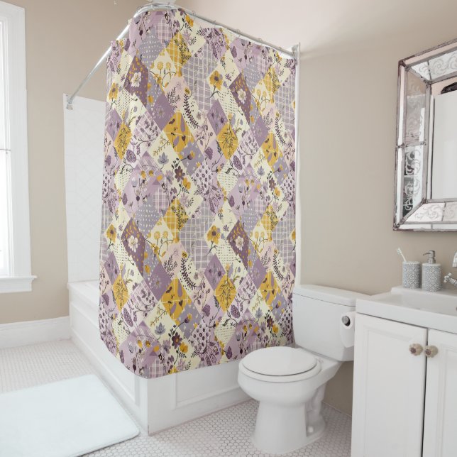 Rideaux De Douche Courtepoint Patchwork Lilas Jaune Floral Rustique  (En situation)