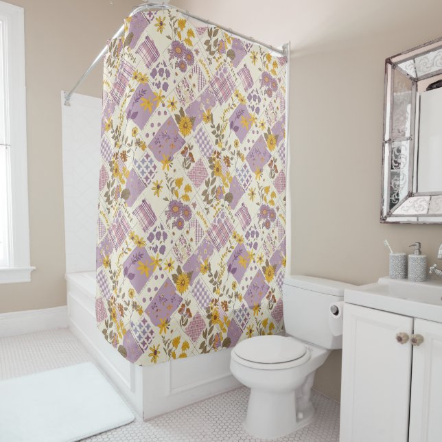 Rideaux De Douche Courtepoint Patchwork Lilas Jaune Floral Rustique  (En situation)