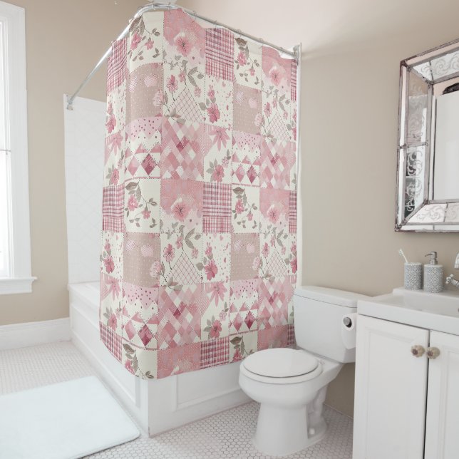 Rideaux De Douche Courtepoint Patchwork Rose Fleurs Rurales Rétro (En situation)