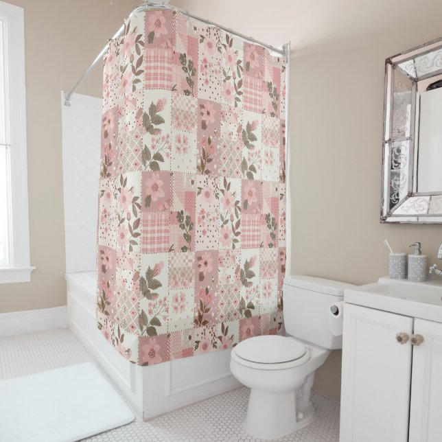 Rideaux De Douche Courtepoint Patchwork Rose Fleurs Rurales Rétro (En situation)
