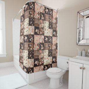 Rideaux De Douche Courtepoint Patchwork Rose Marron Fleur Rétro