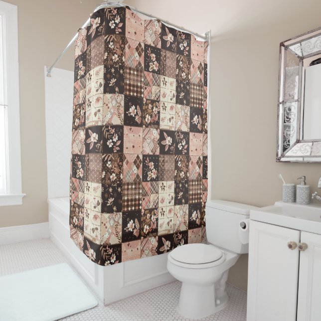 Rideaux De Douche Courtepoint Patchwork Rose Marron Fleur Rétro (En situation)
