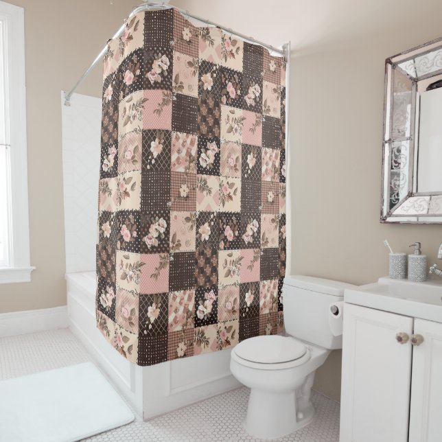 Rideaux De Douche Courtepoint Patchwork Rose Marron Fleurs Rétro (En situation)