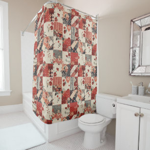 Rideaux De Douche Courtepoint Patchwork Rouge Floral Rustique Rétro