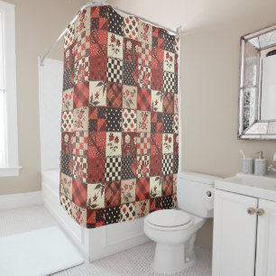 Rideaux De Douche Courtepoint Patchwork Rouge Floral Rustique Rétro