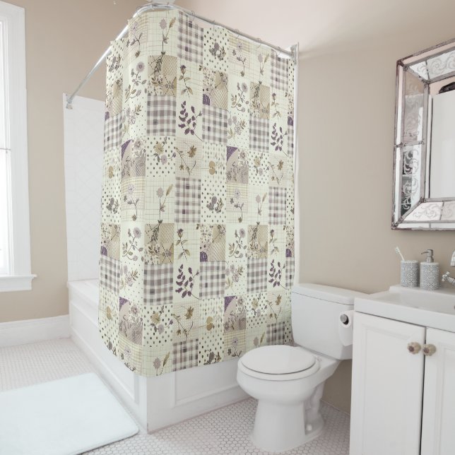 Rideaux De Douche Courtepoint Patchwork Vert Lilas Floral Rétro Rust (En situation)