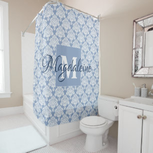 Rideaux De Douche Coussin de douche monogramme en Damas bleu avec no