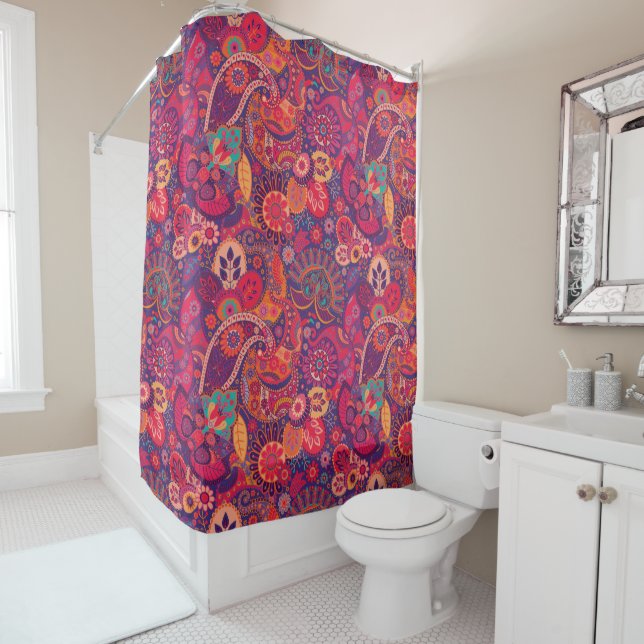 Rideaux De Douche Couvercle Retro Paisley Reds (En situation)