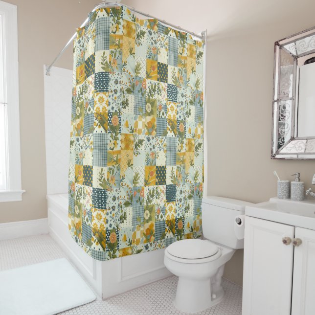 Rideaux De Douche Couverture Patchwork Bleu Jaune Vert Floral Rétro (En situation)