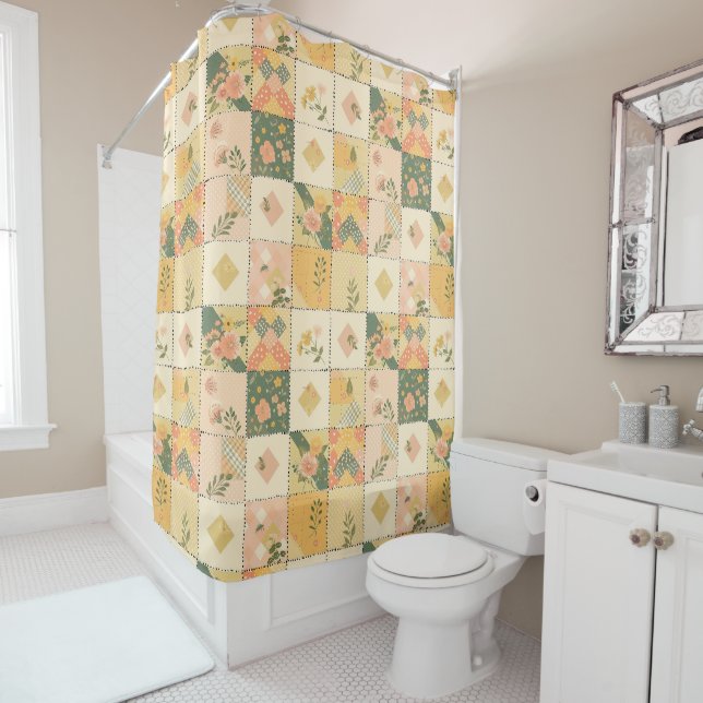 Rideaux De Douche Couverture Patchwork Jaune aux Pêches Floral Rétro (En situation)
