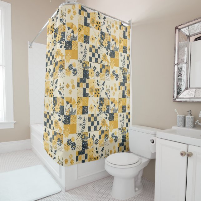 Rideaux De Douche Couverture patchwork jaune bleu Rétro Floral Rusti (En situation)
