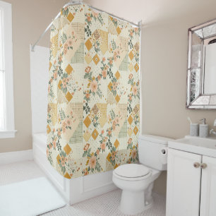 Rideaux De Douche Couverture Patchwork Jaune Pêche Floral Rétro Rust