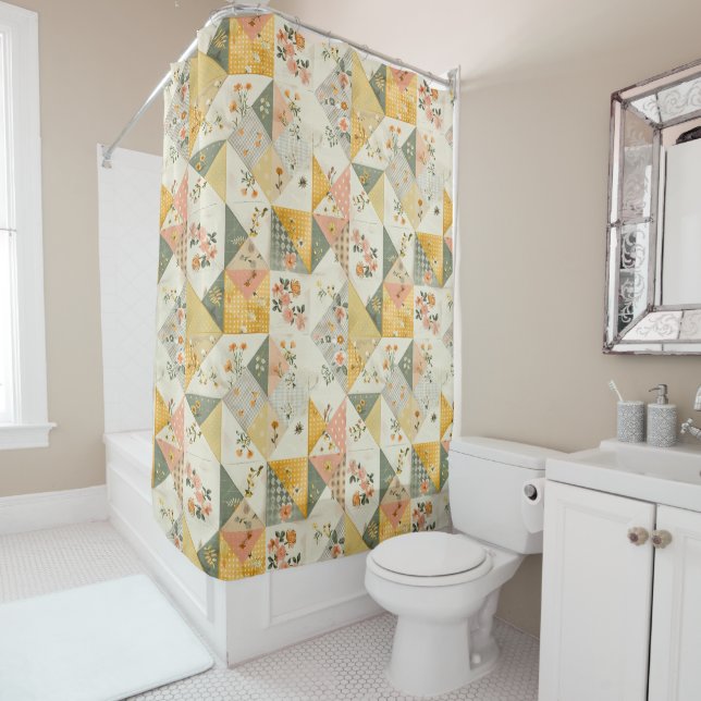 Rideaux De Douche Couverture Patchwork Jaune Pêche Floral Rétro Rust (En situation)