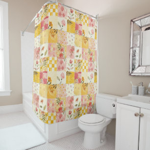 Rideaux De Douche Couverture Patchwork Rose Jaune Rétro Floral Rusti