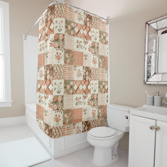 Rideaux De Douche Couverture Patchwork Terracotta Beige Floral Rusti (En situation)