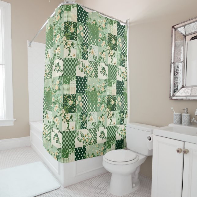 Rideaux De Douche Couverture Patchwork Vert Floral Rétro Rustique (En situation)