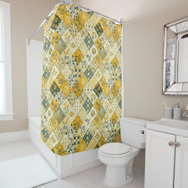 Rideaux De Douche Couvre-lit Patchwork Jaune Fleurs Rétro  (En situation)