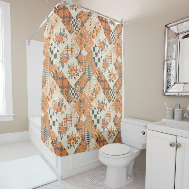 Rideaux De Douche Couvre-lit Patchwork Orange Floral Rétro Rustique (En situation)