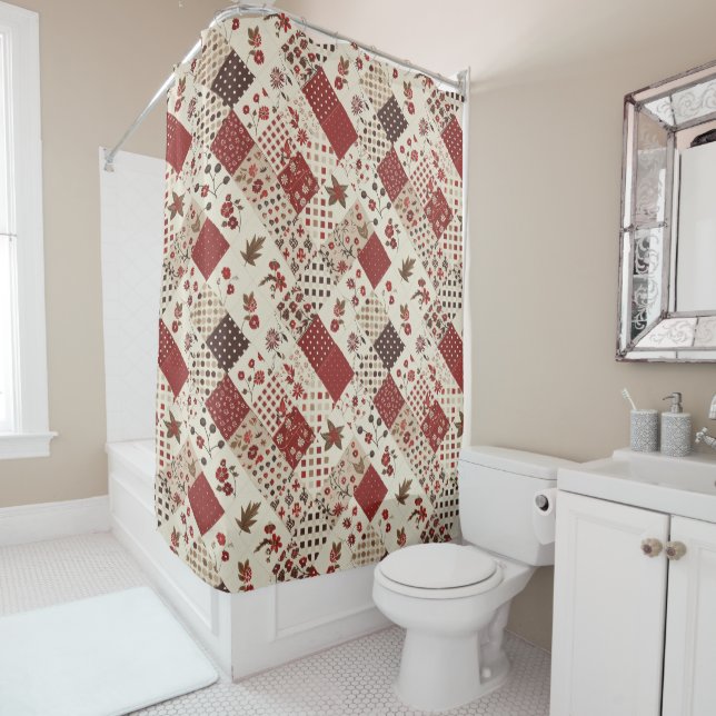 Rideaux De Douche Couvre-lit Patchwork Rouge Floral Rétro  (En situation)
