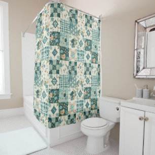 Rideaux De Douche Couvre-lit patchwork sarcelle Fleurs rétro rustiqu