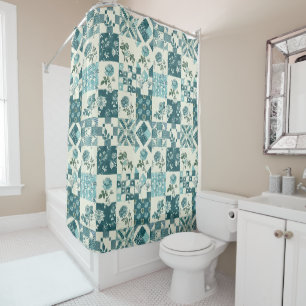 Rideaux De Douche Couvre-lit patchwork sarcelle Fleurs rétro rustiqu