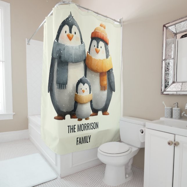 Rideaux De Douche Cozy Winter Penguin Family (En situation)