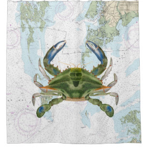 Rideaux De Douche Crabe bleu avec carte marine de la baie Chesapeake