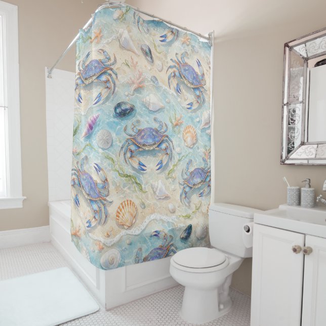 Rideaux De Douche Crabe Bleu & Coquillages (En situation)