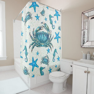 Rideaux De Douche Crabe Bleu Moderne de Plage Étoile de Mer Hippocam