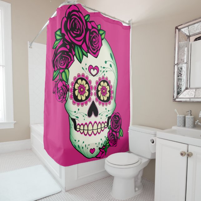 Rideaux De Douche Crâne à sucre avec Roses (En situation)