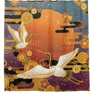 Rideaux De Douche Crane Bird Chrysanthemum Motif japonais