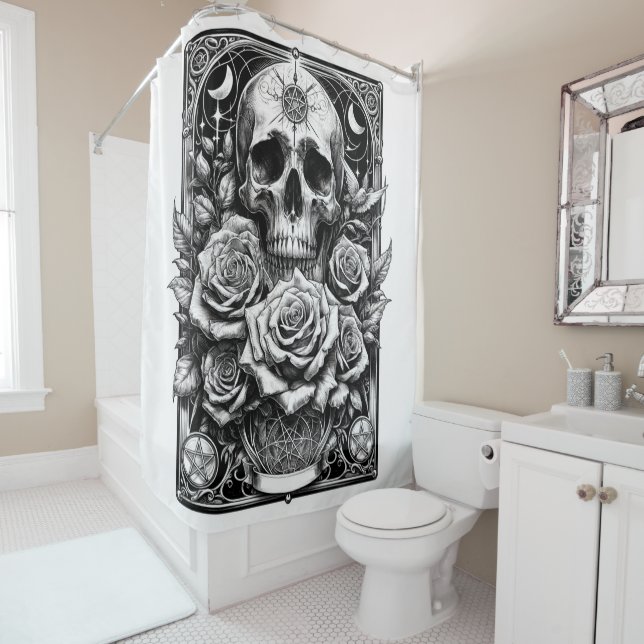Rideaux De Douche Crâne de squelette à pentacle et roses - Art de ta (En situation)