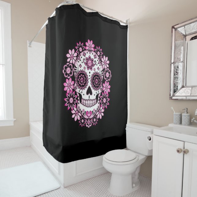 Rideaux De Douche Crâne en Sucre Rose (En situation)