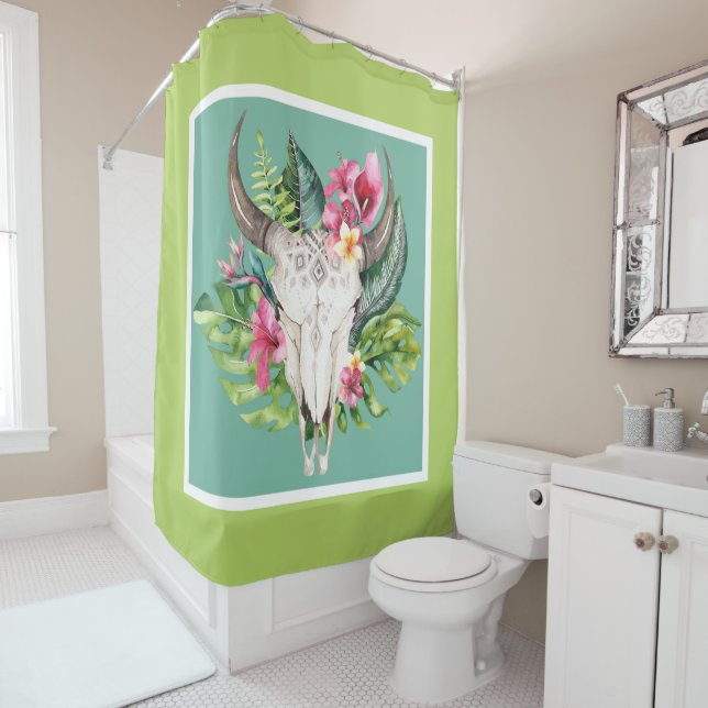 Rideaux De Douche Crâne Floral Boho Sarcelle & Vert Couleurs Vives C (En situation)