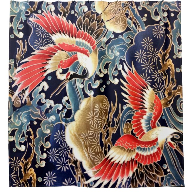 Rideaux De Douche CRANES DE VOL, VAGUES, FLEURS DE PRINTEMPS Japonai (Devant)