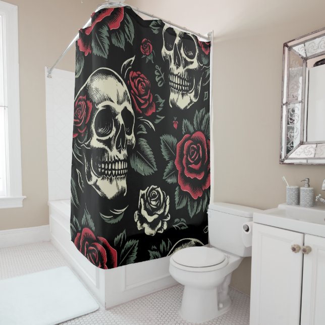 Rideaux De Douche Crânes et roses rouges florale gothique  (En situation)