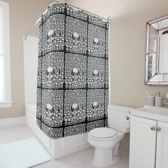 RIDEAUX DE DOUCHE CRÂNES MUR MORT MORTS SQUELETTE NOIR BLANC (En situation)