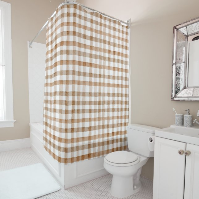 Rideaux De Douche Cream Brown Stripes Tan Plaid (En situation)